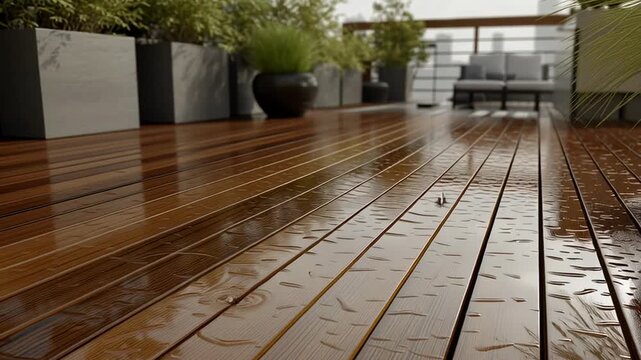 Wet wooden terrace decking after rain with glossy boards reflecting light in modern outdoor patio setting