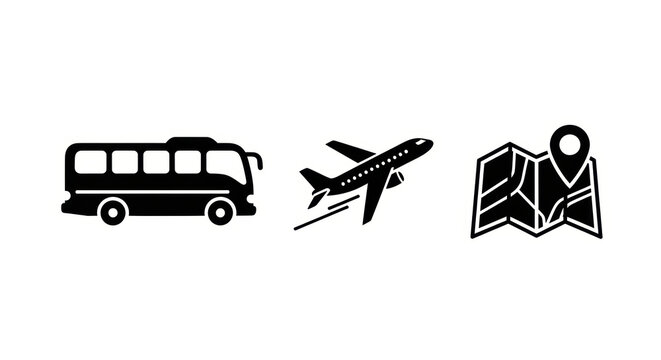 Travel icons: bus, airplane, map. Trip planning symbols.