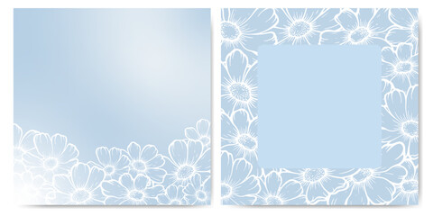 Elegant floral background with soft blue blossom frame and copy space. Decorative template for invitation, greeting card, branding, wedding stationery or banner design with romantic pastel aesthetic. © Ivanka