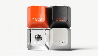 Four Keyboard Keycaps with Never Bad Ending Text in Square Cluster