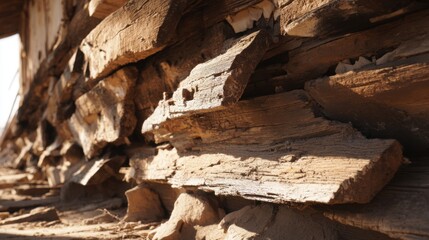 Stacked rows of weathered, splintered wooden planks creating a textured, rustic background