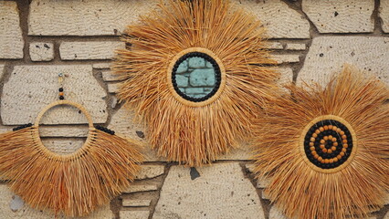 Straw Wall Decor Handmade Round Closeup Natural Brown. Ethnic Craft Design Concept Detailed Texture View