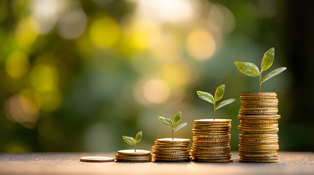 Stacks of gold coins with growing plants on growth