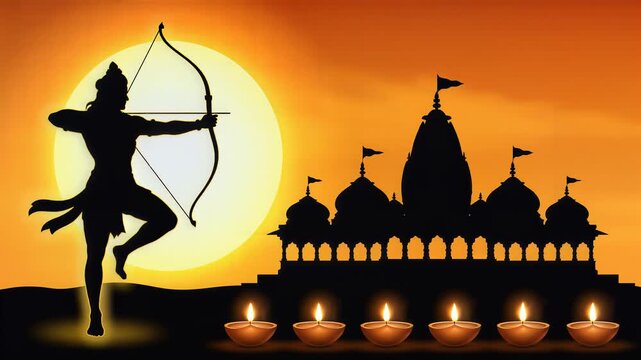 Lord Rama Silhouette with Ayodhya Temple and Lit Diyas for Ram Navami