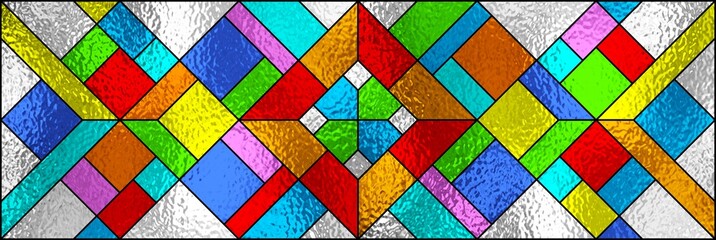 Stained glass window. Abstract colorful stained glass background. Art Deco geometric decor for luxury modern interior. Vintage pattern. Transparency. Multicolor template for design interior. 