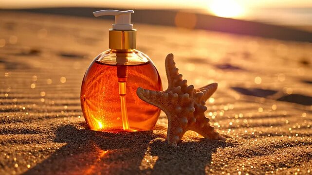A luxurious glass bottle of natural perfume and aromatherapy oil sits on a wooden beach surface surrounded by yellow sunflower petals for a wellness spa body care treatment