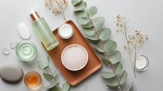Flat lay of natural skincare products with green cosmetic bottle, cream jar, sea salt and eucalyptus leaves on light background