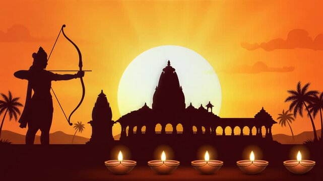 Lord Rama Silhouette with Ayodhya Ram Mandir and Diyas at Sunset