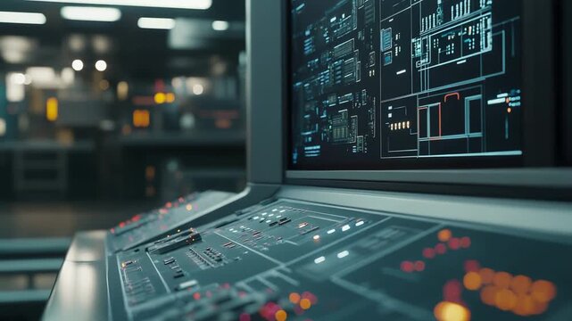 Control panel with illuminated buttons and digital screens displaying intricate schematics, symbolizing advanced engineering, data analysis, and operational management in a high tech environment
