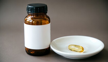 Botol Obat Kaca Cokelat dengan Kapsul di Piring Putih