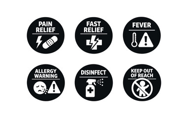 Fototapeta premium badge texts and icons: PAIN RELIEF with pain lightning and bandage icon FAST RELIEF with lightning bolt cross icon FEVER with thermometer alert triangle icon ALLERGY WARNING with allergy