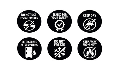Obraz premium badge texts and icons: DO NOT USE IF SEAL BROKEN with broken seal slash icon SEALED FOR YOUR SAFETY with seal checkmark icon KEEP DRY with umbrella droplet slash icon REFRIGERATE AFTER