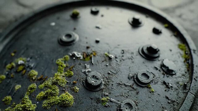 Vibrant green moss hugging a weathered circular metal surface, contrasting organic life and industrial decay in a textured close up that highlights resilience and timeworn detail