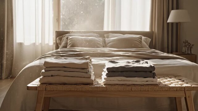 Neatly folded linen bedding stacked on a bench in a sunlit bedroom