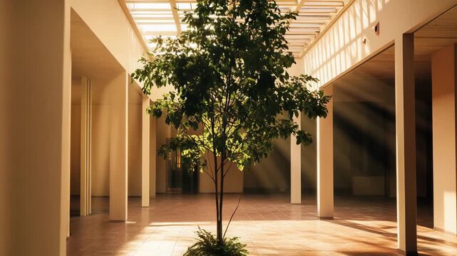 Indoor tree thrives in a sunlit atrium, emphasizing green architecture, tranquility, and natural light illuminating the minimalist design and creating atmospheric shadows on the tiled floor