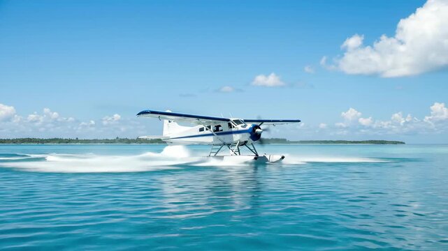 A seaplane lands in turquoise ocean water, leaving a white trail of spray behind it. Tropical travel. Aviation, island vacation, blue sky.