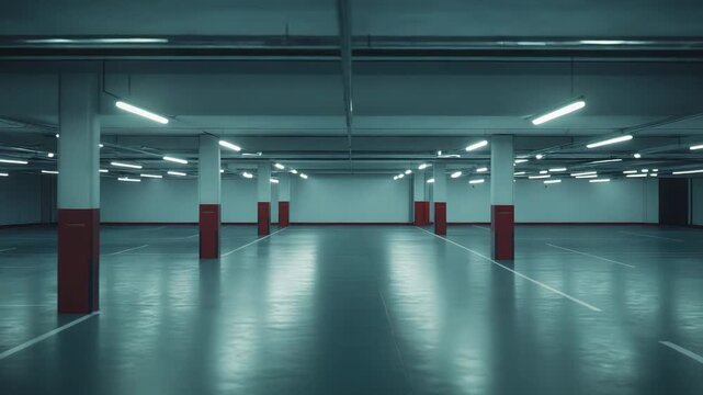 Underground parking garage with concrete pillars and fluorescent lights, showing a vast, empty space creating a sense of isolation, vastness, and abandonment