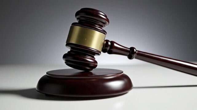 Wooden gavel and sound block on a white surface with dramatic lighting