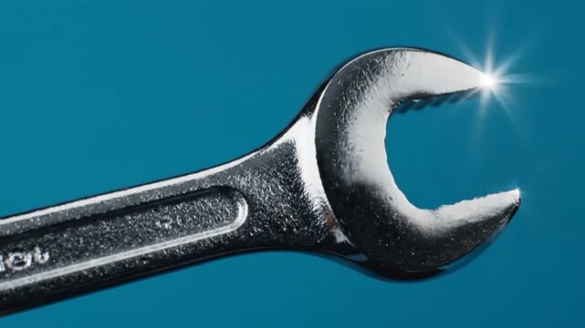 Close-up of a shiny metal wrench against a vibrant blue background, highlighting its texture and form.