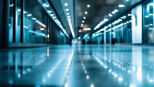 Illuminated hallway floor reflecting bright lights creates a sense of depth and clean contemporary design in a blurry, long tunnel like interior space