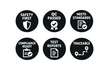 Fototapeta premium badge texts and icons: SAFETY FIRST with shield icon QC PASSED with checkmark badge icon MEETS STANDARDS with document and checkmark icon COMPLIANCE READY with clipboard and checkmark icon