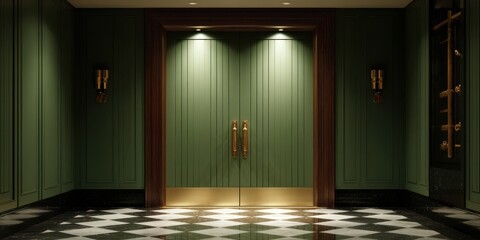 Fototapeta premium Chic green doors reveal luxe hidden spaces
