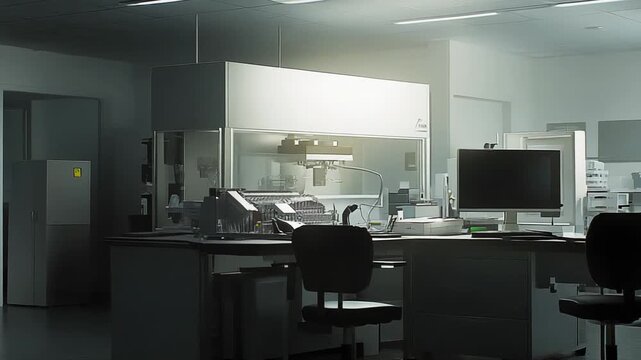 Modern laboratory featuring a fume hood, automated machinery, monitors, and desks, creating an environment for scientific research, diagnostics, and technological innovation