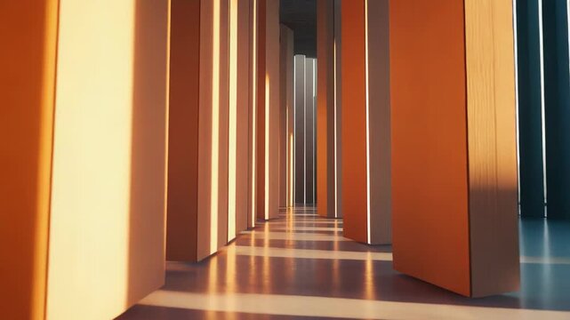 Abstract architectural hallway features a repeating pattern of orange columns creating a sense of depth and perspective with warm golden sunlight illuminating the polished floor