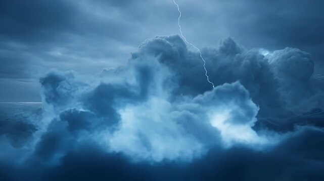 Dramatic blue thunderclouds illuminated by a flash of lightning in the sky