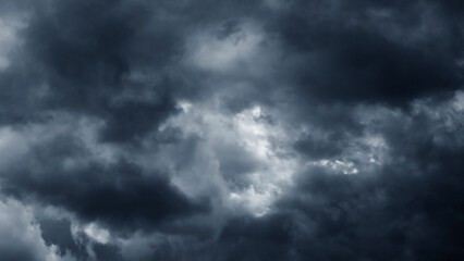 Obraz premium Dramatic storm fluffy cloud sky. Rainy season. Cloudscape background. Pollution, PM 2.5, Carbon dioxide and environment problems concept. Halloween, scary scene thunderstorm and rainy season backdrop.