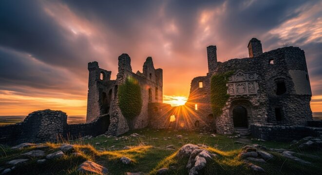 Ancient stone castle ruins at sunset with dramatic cloudy sky