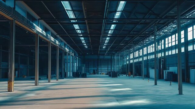 Empty industrial warehouse creating a spacious and clean environment, ready for development or occupation, featuring a clean floor and high ceilings with natural light