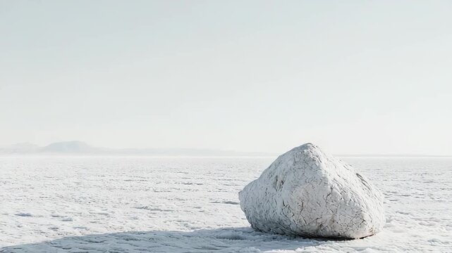 Salt flat landscape with a lone white rock casting a long shadow, conveying a sense of vastness, isolation, minimalism, and a serene, empty environment