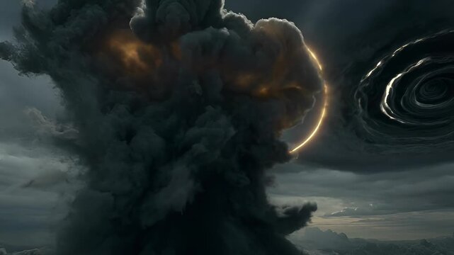 Dramatic storm cloud formation with glowing ring and swirling vortex phenomenon