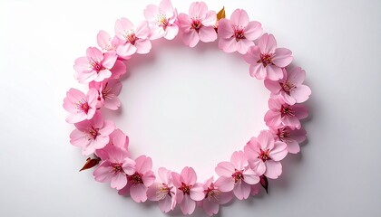 Obraz premium Elegant circular composition of pink sakura flowers on clean white surface perfect for seasonal spring branding