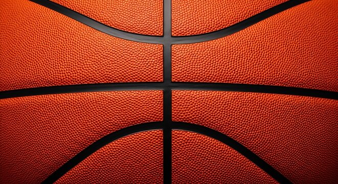 Close-up of an orange basketball texture, showing seams and dimpled surface