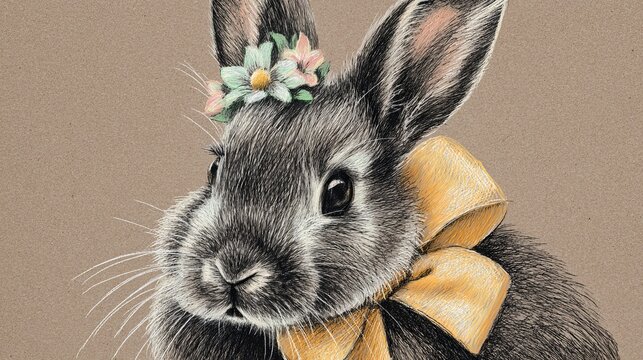 Cute Easter bunny drawing with a coquette bow and flower. Crayon print on a vintage chalky background for kids' birthdays or Easter.