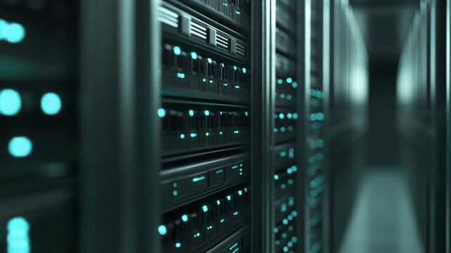 Server racks are lining the pathway in a modern data center, managing global network connections and enterprise information technology solutions with rows of glowing indicator lights