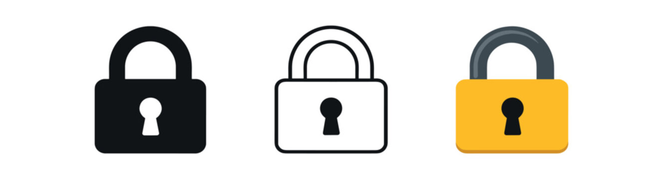 Lock icon closed padlock for lock content action UI icon vector icon set three styles: black solid silhouette thin black outline and flat colored with solid fills. Clean professional design