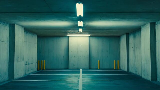 Underground parking garage features stark concrete walls and bright fluorescent lighting, creating a chilling atmosphere of emptiness and urban isolation