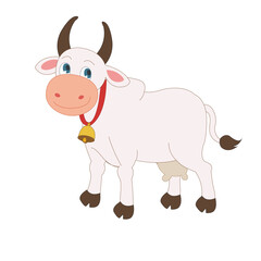 Happy white cartoon cow with a red collar and bell.