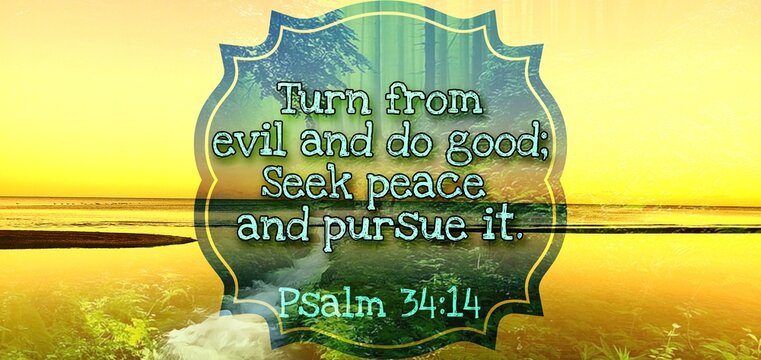 Psalm 34:14 Displayed Over A Serene Beach Scene, Urging Viewers To Turn From Evil, Do Good, And Seek Peace