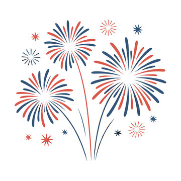 Colorful fireworks display in red and blue on white background  