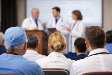 Rear view of doctors and nurses listening to a lecture at a medical conference with blurred speakers in background.