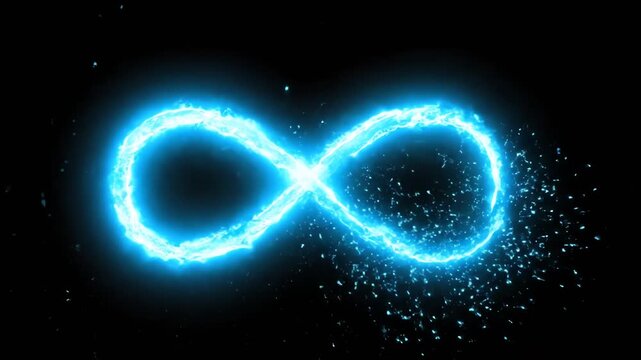 A glowing blue infinity symbol, a visual representation of endlessness. Sparks emit from it, adding dynamism against a stark black background