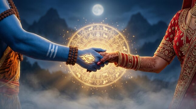 Sacred Shiva Parvati Wedding Anniversary Concept Divine Couple Hand Holding Spiritual Illustration