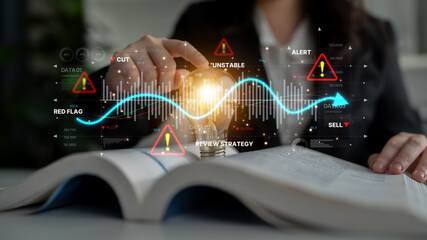 Economic caution visual showing risk alerts and financial volatility. Warning signs highlight...