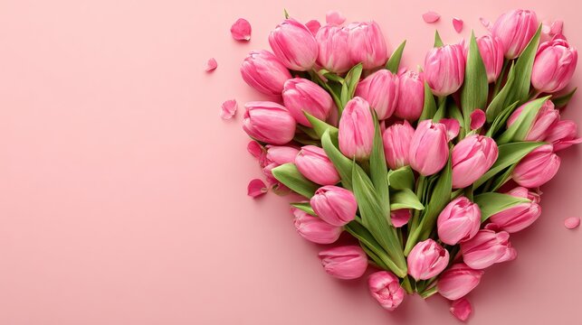Moms' thanks idea. Seen from above, bright tulips form a heart shape on soft pink. Perfect for showing you care or sharing deals.