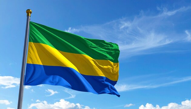 National Flag of Gabon Fluttering in the Wind Against Blue Sky
