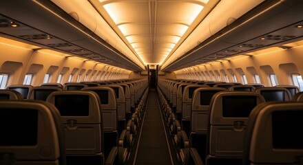 Fototapeta premium Empty airplane cabin interior with rows of seats and overhead compartments.